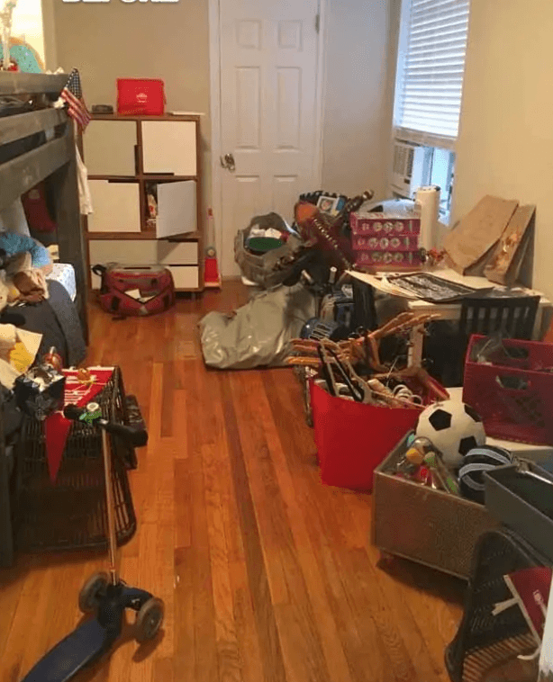 Before — messy cluttered room